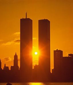 NYC, NY, Sunrise Between Twin Towers, World Trade Center, designed by Minoru Yamasaki, International Style II