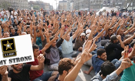 Syrian refugees strike in front of Budapest Keleti railway station. Refugee crisis. Budapest, Hungary, Central Europe, 3 September 2015.