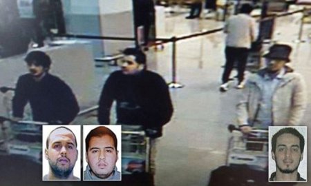 TOPSHOT - A picture released on March 22, 2016 by the belgian federal police on demand of the Federal prosecutor shows a screengrab of the airport CCTV camera showing suspects of this morning's attacks at Brussels Airport, in Zaventem. Two explosions in the departure hall of Brussels Airport this morning took the lives of 14 people, 81 got injured. Government sources speak of a terrorist attack. The terrorist threat level has been heightened to four across the country. / AFP PHOTO / BELGIAN FEDERAL POLICE / - / RESTRICTED TO EDITORIAL USE - MANDATORY CREDIT "AFP PHOTO / BELGIAN FEDERAL POLICE" - NO MARKETING NO ADVERTISING CAMPAIGNS - DISTRIBUTED AS A SERVICE TO CLIENTS -/AFP/Getty Images