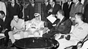 King Hussein, far right, alongside Gamal Abdel Nasser, Yasser Arafat and Muammar Ghaddafi in 1970 (Photo credit: Palestinian Authorities via Abed Rahim Khatib/ Flash 90)
