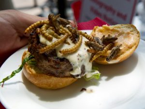 A patron shows a grasshopper burger piled high with dried crickets and mealworms June 4, 2014 during a global Pestaurant event sponsored by Ehrlich Pest Control, held at the Occidental Restaurant in Washington, DC. For one day only, pop-up Pestaurants will appear in cities across the globe to offer sweet and savoury edible insects, grasshopper burgers and much more. Ehrlich Pest Control will be donating $5 USD to DC Central Kitchen for every person who eats something at the event. AFP PHOTO / Karen BLEIER (Photo credit should read KAREN BLEIER/AFP/Getty Images)