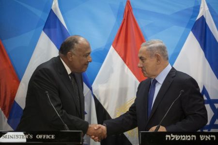 Prime Minister Benjamin Netanyahu meets with Egypt's Foreign Minister Sameh Shoukry at the Prime Minister's office in Jerusalem, on July 10, 2016, during a visit to Israel for the first time in nearly a decade. Foreign Minister Shoukry came to meet Netanyahu to support the peace process between Israel and the Palestinians. Photo by Hadas Parush/Flash90 *** Local Caption *** ????? ???? ?? ???? ???? ????? ????? ????? ???? ????? ??????? ??? ?????? ?????? ??????
