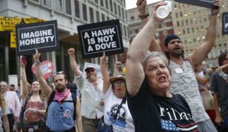 Supporters of Sen. Bernie Sanders cheer at a rally in Philadelphia on Thursday during the final day of the Democratic National Convention. (Associated Press)