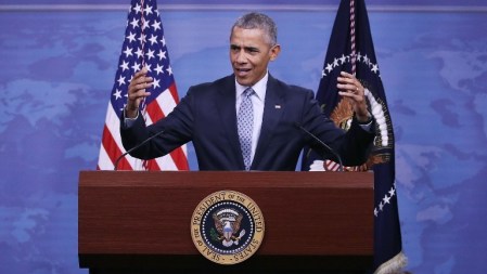 US President Barack Obama speaks to the media in Arlington, Virginia, on August 4, 2016. (Mark Wilson/Getty Images/AFP)