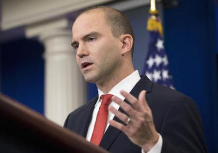 FILE - In this Feb. 16, 2016 file photo Deputy National Security Adviser For Strategic Communications Ben Rhodes speaks in the Brady Press Briefing Room of the White House in Washington. The White House is working to contain the damage caused by a magazine profile of one of President Barack Obama's top aides. In a blog post published late Sunday, May 8, 2016, Rhodes said the public relations campaign he created to sell the Iran nuclear deal was intended only "to push out facts." Rhodes says outside groups that participated "believed in the merits of the deal." (AP Photo/Pablo Martinez Monsivais, File)