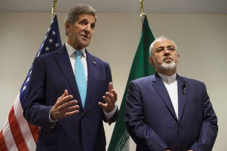 U.S. Secretary of State John Kerry (left) and Iranian Foreign Minister Javad Zarif during a... U.S. Secretary of State John Kerry (left) and Iranian Foreign Minister Javad Zarif during a meeting at U.N. headquarters, Sept. 26, 2015.