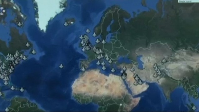 A map plotting American air bases identified as potential targets by Islamic State members in a Telegram group hacked by an Israeli cyberintelligence company. (screen capture: Channel 10)