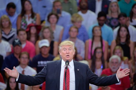 WILMINGTON, NC - AUGUST 9: Republican presidential candidate Donald Trump addresses the audience during a campaign event at Trask Coliseum on August 9, 2016 in Wilmington, North Carolina. This was TrumpÕs first visit to Southeastern North Carolina since he entered the presidential race. (Photo by Sara D. Davis/Getty Images)