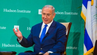 Prime Minister Benjamin Netanyahu speaking September 22 2016 at the Hudson Institute gala in New York City. (Rick Gilbert via JTA)