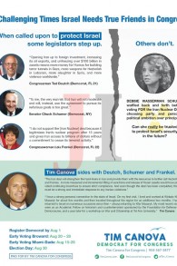 Florida congressional candidate Tim Canova's flyer linking himself to top Democrats who opposed the Iran nuclear deal. (Courtesy)