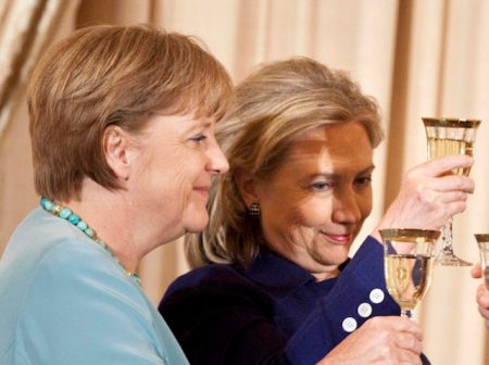 WASHINGTON - JUNE 7: (L-R) German Chancellor Angela Merkel, Secretary of State Hillary Rodham Clinton and Vice President Joseph R. Biden toast each other during a luncheon at the US State Department June 7, 2011 in Washington, DC. Secretary of State Hillary Rodham Clinton and Vice President Joseph R. Biden hosted German Chancellor Angela Merkel for a luncheon during her visit to Washington before tonight's State Dinner. (Photo by Brendan Smialowski/Getty Images)