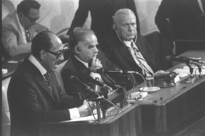 Egyptian president Anwar Sadat addresses the Israeli Knesset in Jerusalem, November 20, 1977 (photo credit: Flash90)