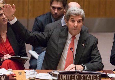 US Secretary of State John Kerry addresses the United Nations Security Council during an open, high-level debate regarding the ongoing Syrian crisis, at UN Headquarters in New York, NY, USA on September 21, 2016. The meeting, presided over by New Zealand's Prime Minister John Key, comes amid growing hostility between the United States and Russia over allegations of military operations conducted in the region. (Photo by Albin Lohr-Jones) *** Please Use Credit from Credit Field ***