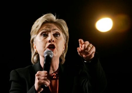 Democratic presidential hopeful, Sen. Hillary Rodham Clinton, D-N.Y., makes a campaign stop at Hemisfair Park, at the Arch, in San Antonio,Texas, Friday, Feb. 29, 2008. (AP Photo/Carolyn Kaster)