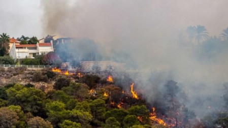 Fire fighters work to put out a forest fire near Zichron Yaakov on November 22, 2016. (Meir Vaaknin /Flash90) 