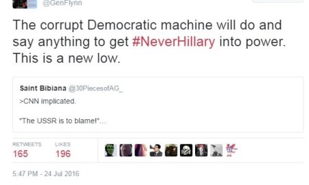 A screen capture of deleted tweet by former US Army Lt. Gen. Michael Flynn, who reposted a tweet accusing Jews of leaking DNC emails. 