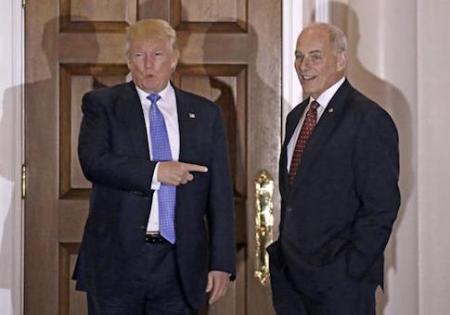 gestures with retired US Marine Corp General John Kelly Donald Trump prospective cabinet members at Trump International Golf Club, New Jersey, USA - 20 Nov 2016 (Rex Features via AP Images)