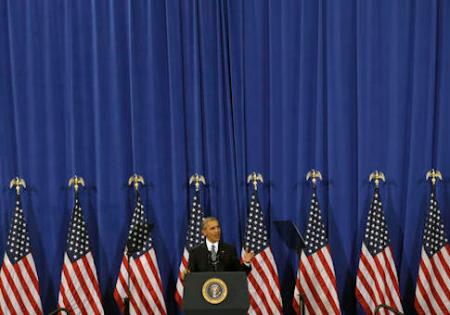 President Barack Obama gestures during a U.S. counterterrorism strategy speech at MacDill Air Force Base Tuesday, Dec. 6, 2016, in Tampa, Fla. (AP Photo/Chris O'Meara)