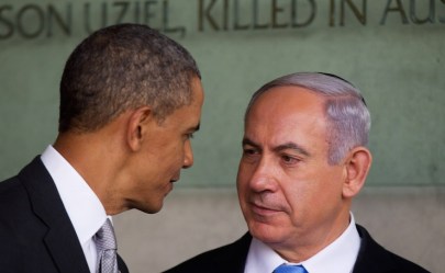 US President Barack Obama speaks with Israeli Prime Minister Benjamin Netanyahu during his visit to the Yad Vashem Holocaust Memorial museum on March 22, 2013, in Jerusalem, Israel. (Uriel Sinai/Getty Images/JTA)