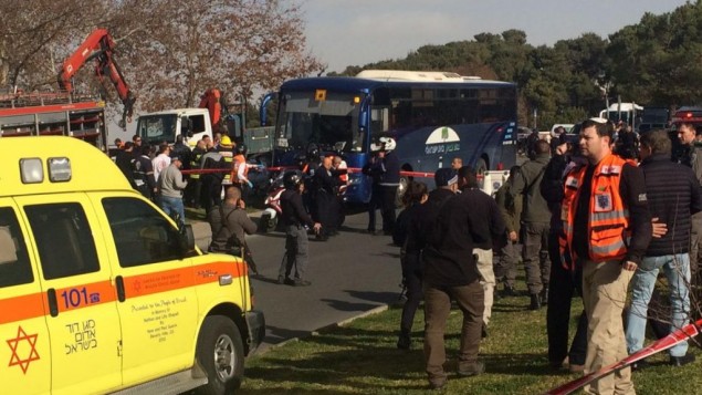 The scene of a truck-ramming attack in the Armon Hanatziv neighborhood of East Jerusalem on January 8, 2016. (Luke Tress/Times of Israel)
