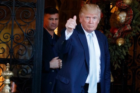 President-elect Donald Trump gives a thumbs up to reporters at Mar-a-Lago, Wednesday, Dec. 28, 2016, in Palm Beach, Fla. (AP Photo/Evan Vucci)