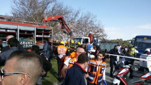 The scene of an apparent truck ramming attack in Jerusalem in January 8, 2017. (Magen David Adom)