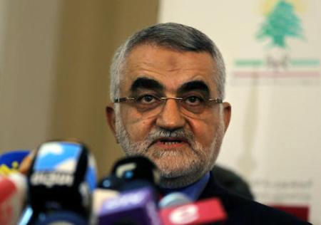 Iranian Alaeddin Boroujerdi, Chairman of the Committee for Foreign Policy and National Security at the Iranian Shura Council, speaks to journalists after meeting with Lebanese Foreign Minister Gibran Bassil, at the Lebanese foreign ministry in Beirut, Lebanon, Monday, Aug. 1, 2016. Boroujerdi arrived in Beirut for two days visit to meet with Lebanese officials. (AP Photo/Bilal Hussein)
