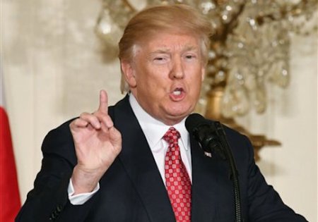 U.S. President Donald Trump holds a joint press conference with Japanese Prime Minister Shinzo Abe following their talks at the White House in Washington on Feb. 10, 2017. (Kyodo) ==Kyodo