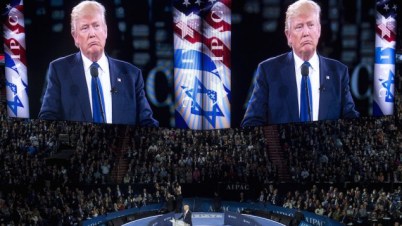 Donald Trump speaking at the American Israel Public Affairs Committee (AIPAC) 2016 Policy Conference at the Verizon Center in Washington, DC, March 21, 2016. (Saul Loeb/AFP/Getty Images via JTA)