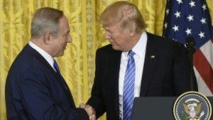 US President Donald Trump and Israeli Prime Minister Benjamin Netanyahu shake hands during a joint press conference at the White House in Washington, DC on February 15, 2017. (Saul Loeb/AFP)