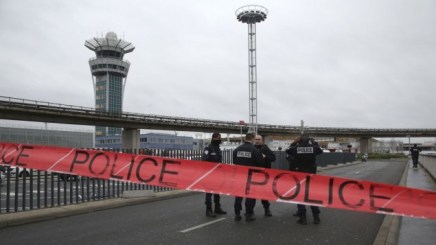 Police officers cordon off the access to the Orly airport, south of Paris, Saturday, March, 18, 2017. (AP Photo/Thibault Camus)
