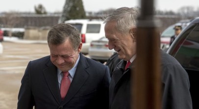 Defense Secretary Jim Mattis greets Jordan's King Abdullah II bin Al-Hussein during an honor cordon at the Pentagon, Monday, Jan. 30, 2017. (AP Photo/Andrew Harnik)