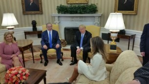 Benjamin Netanyahu, second left, and Donald Trump, second right, meeting in the Oval Office with their wives Sara Netanyahu, right and Melania Trump, left on February 15, 2017. (Raphael Ahren/ Times of Israel)
