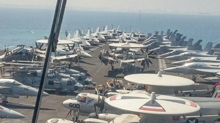 The flight deck of USS George H.W. Bush off the coast of Haifa, July 1, 2017 (Momi Gabay/Haifa Port Authority) The flight deck of USS George H.W. Bush off the coast of Haifa, July 1, 2017 (Momi Gabay/Haifa Port Authority)
