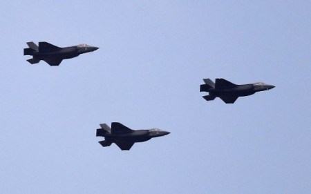 Illustrative: Israeli F-35 fighter jets fly over Jerusalem during celebrations marking Israel's 69th Independence Day on May 2, 2017. (AFP Photo/Thomas Coex)