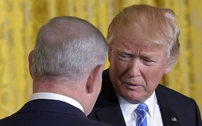 US President Donald Trump and Israel's Prime Minister Benjamin Netanyahu shake hands during a joint press conference in the East Room of the White House on February 15, 2017 in Washington, DC.  (AFP/Mandel Ngan)