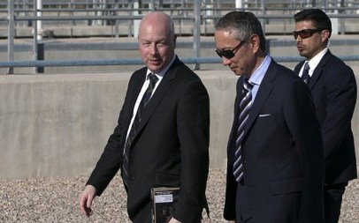 US special envoy Jason Greenblatt (L) attends the launch of a project to improve access to wastewater treatment and water for Palestinian farmers, on October 15, 2017, in the West Bank city of Jericho. (AFP Photo/Jaafar Ashtiyeh)