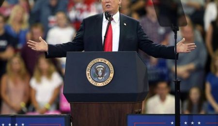 U.S. President Donald Trump speaks at a campaign rally, Wednesday, June 20, 2018, in Duluth, Minn. 