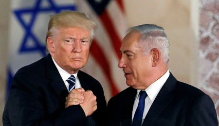 U.S. President Donald Trump and Israeli Prime Minister Benjamin Netanyahu shake hands after Trump's address at the Israel Museum in Jerusalem May 23, 2017.