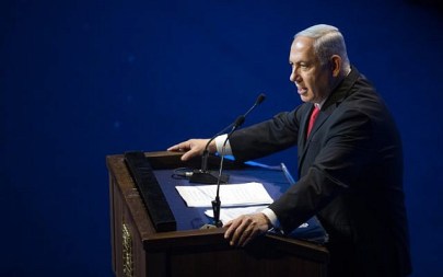 Prime Minister Benjamin Netanyahu speaks at the American Jewish Committee (AJC) Global Forum, in the Jerusalem Convention Center, on June 10, 2018. (Yonatan Sindel/Flash90)