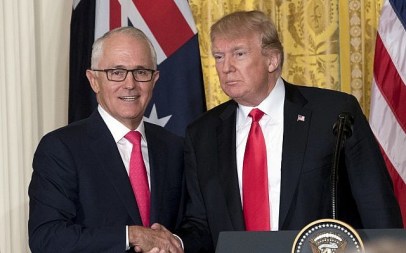 US President Donald Trump (r) and Australian Prime Minister Malcolm Turnbull shake hands following a joint news conference in the East Room of the White House in Washington, February 23, 2018. (AP Photo/Andrew Harnik)