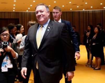 U.S. Secretary of State Mike Pompeo arrives to meet with South Korea's Foreign Minister Kang Kyung-wha on the sidelines of the ASEAN Foreign Ministers' Meeting in Singapore