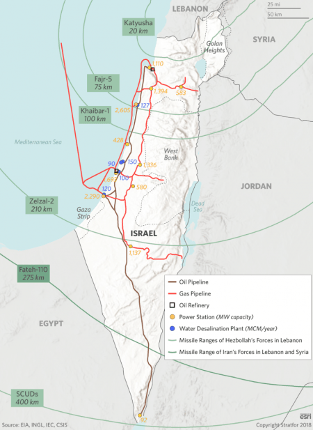 A map showing ranges of Iran and Hezbollah's indirect weaponry and key Israeli infrastructure targets. 