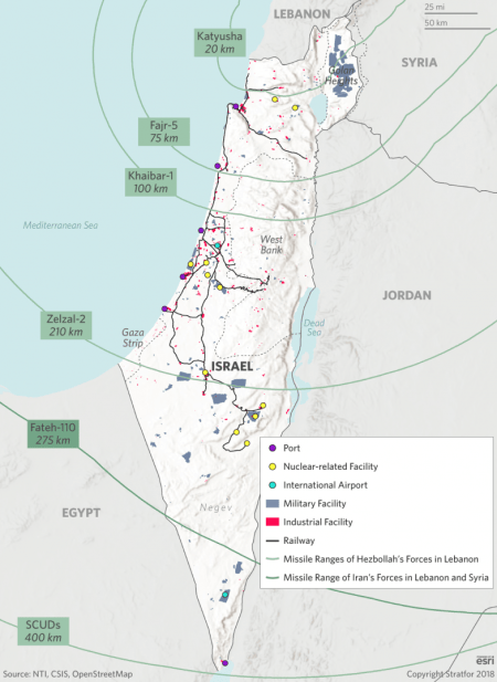 A map showing ranges of Iran and Hezbollah's indirect weaponry and key Israeli infrastructure targets. 