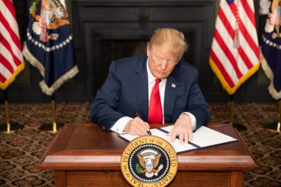 Trump signs Executive Order on Iran sanctions President Trump signs an Executive Order on Iran sanctions on August 5, 2018.