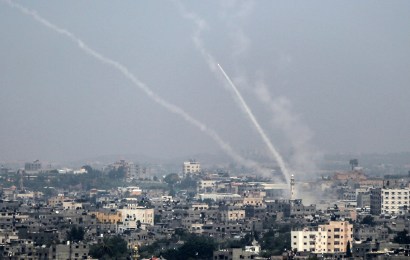 Palestinian rockets arcing from Gaza City towards Israel, July 14.