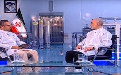 Screen capture from video showing Ali Akbar Salehi, the head of Iran's nuclear agency, right, and three Iranian produced uranium enrichment centrifuges in the background. (YouTube) Screen capture from video showing Ali Akbar Salehi, the head of Iran's nuclear agency, right, and three Iranian produced uranium enrichment centrifuges in the background. (YouTube)