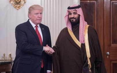 This photo taken on March 14, 2017 shows US President Donald Trump and Saudi Deputy Crown Prince and Defense Minister Mohammed bin Salman shaking hands in the State Dining Room before lunch at the White House in Washington, DC. (AFP PHOTO / NICHOLAS KAMM) This photo taken on March 14, 2017 shows US President Donald Trump and Saudi Deputy Crown Prince and Defense Minister Mohammed bin Salman shaking hands in the State Dining Room before lunch at the White House in Washington, DC. (AFP PHOTO / NICHOLAS KAMM)