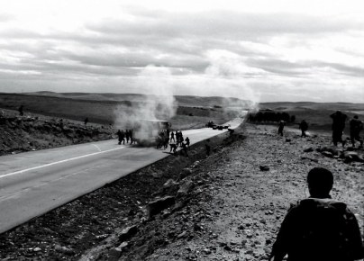 Smoke billows in the air at the site of the Mothers’ bus attack