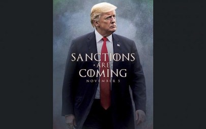 This image taken from the Twitter account of President Donald J. Trump @realDonaldTrump, shows what looks like a movie-style poster that takes creative inspiration from the TV series 'Game of Thrones' to announce the re-imposition of sanctions against Iran.  Trump tweeted a photo of himself with the words 'Sanctions are Coming' Nov. 5. The US sanctions on Iran had been lifted under a 2015 nuclear pact, but they are taking effect on Monday.  (Donald J. Trump Twitter account via AP)